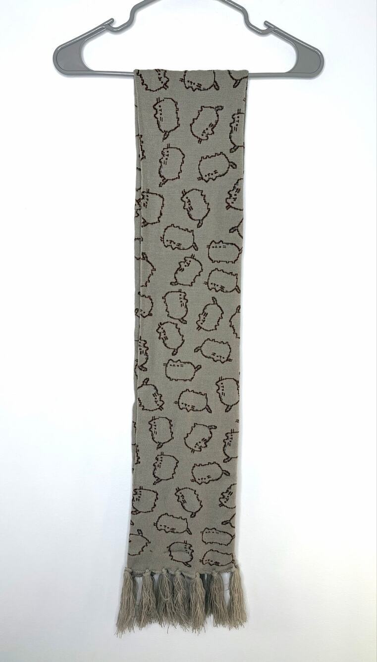 Pusheen Cat Toss Print Knit Scarf Tan with Fringe Tabby Cat Character